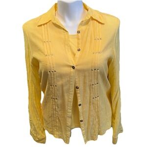 VTG Butter Yellow Button Up Roll Tab Sleeve Women's 14 Crepe Pleated Studded Set